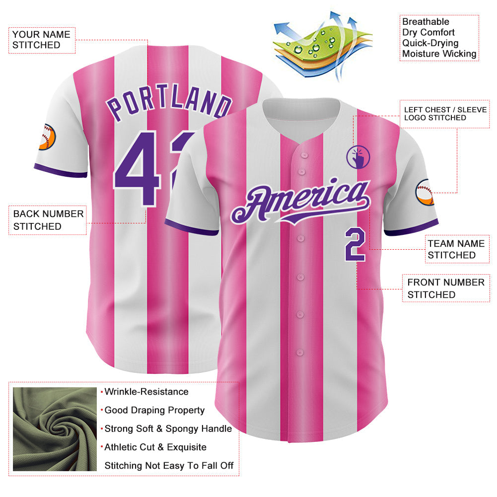 Custom White Purple-Pink Gradient Vertical Stripe Argentina Style Authentic Baseball Jersey view 3