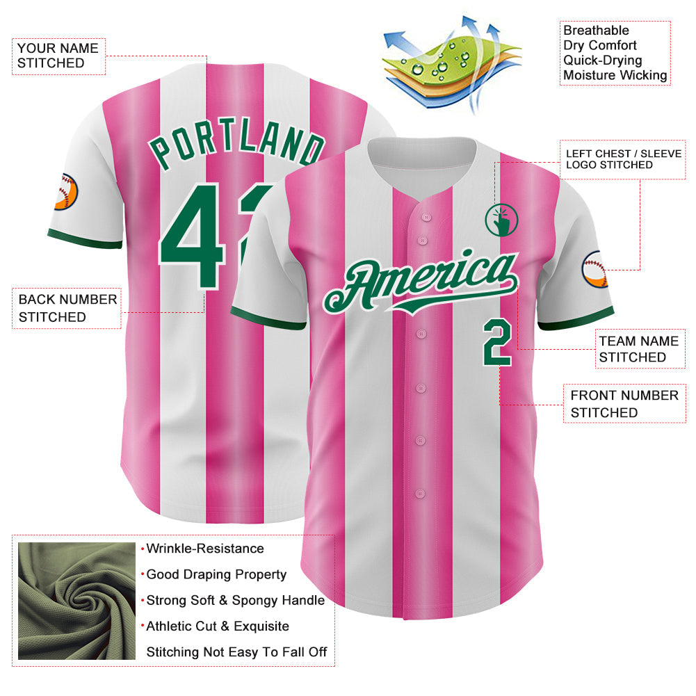 Custom White Kelly Green-Pink Gradient Vertical Stripe Argentina Style Authentic Baseball Jersey view 3