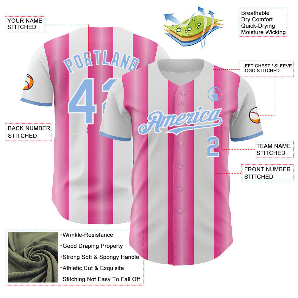 Custom White Light Blue-Pink Gradient Vertical Stripe Argentina Style Authentic Baseball Jersey view 3