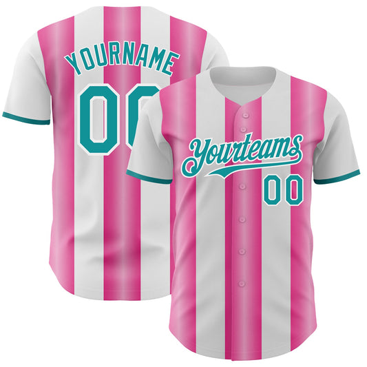 Custom White Teal-Pink Gradient Vertical Stripe Argentina Style Authentic Baseball Jersey - Main View
