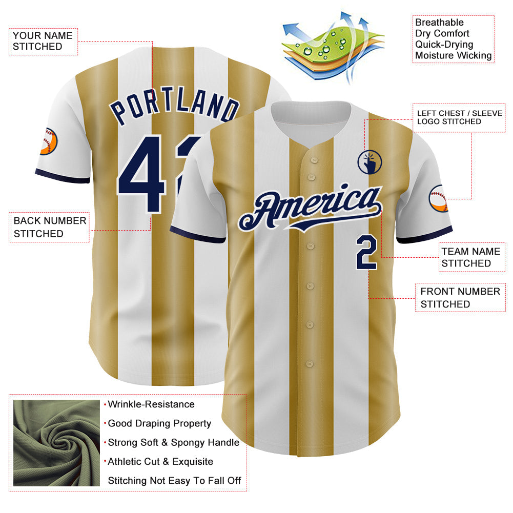 Custom White Navy-Old Gold Gradient Vertical Stripe Argentina Style Authentic Baseball Jersey view 3