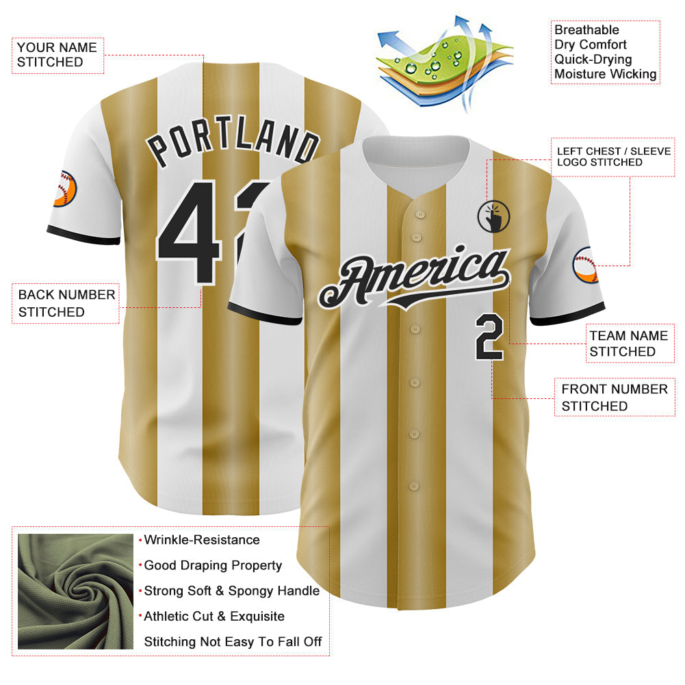 Custom White Black-Old Gold Gradient Vertical Stripe Argentina Style Authentic Baseball Jersey view 3
