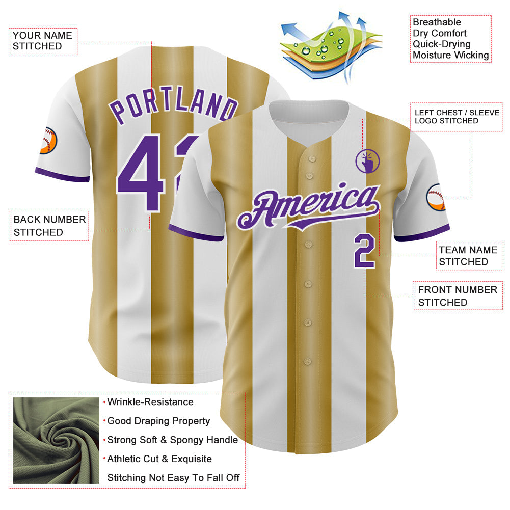 Custom White Purple-Old Gold Gradient Vertical Stripe Argentina Style Authentic Baseball Jersey view 3