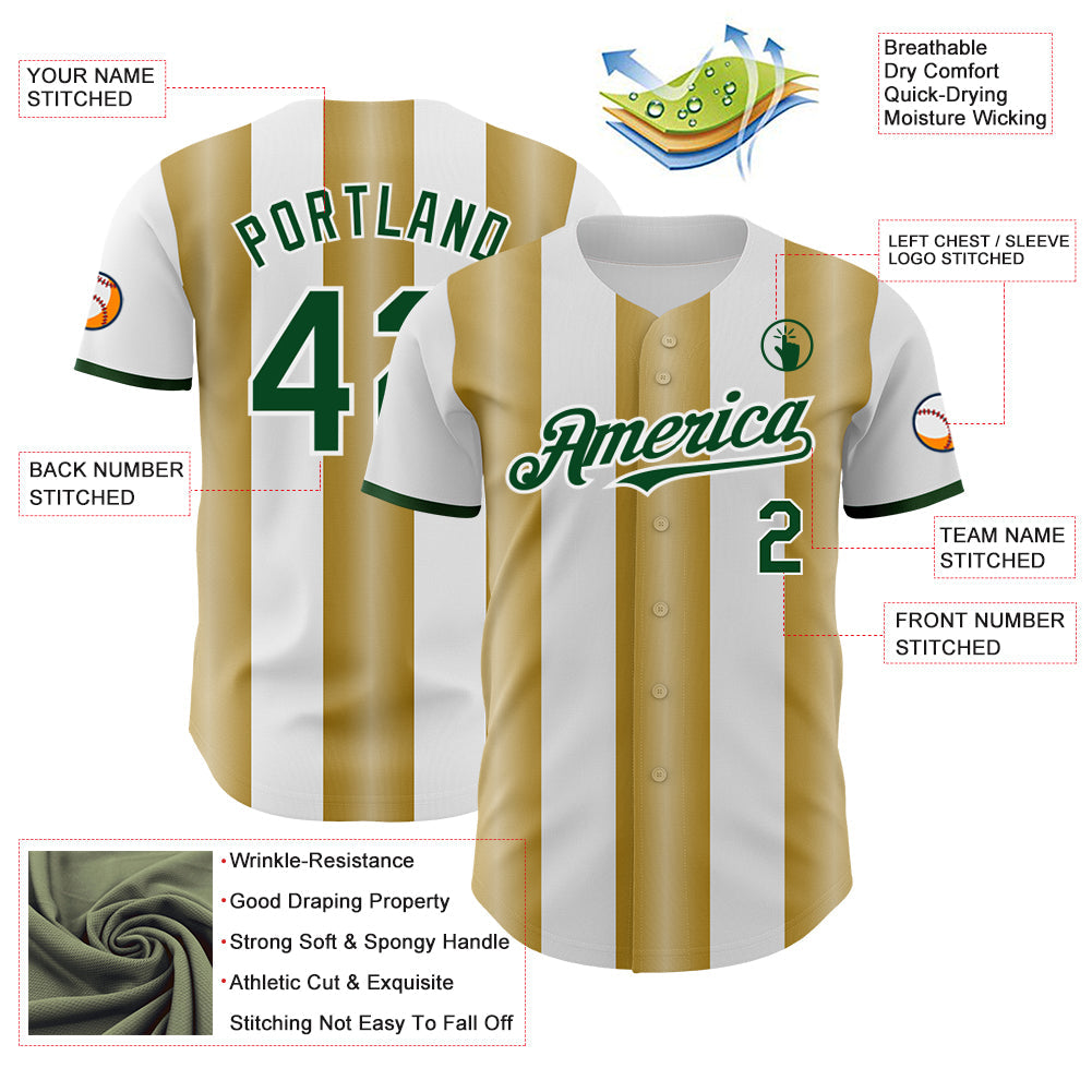 Custom White Green-Old Gold Gradient Vertical Stripe Argentina Style Authentic Baseball Jersey view 3
