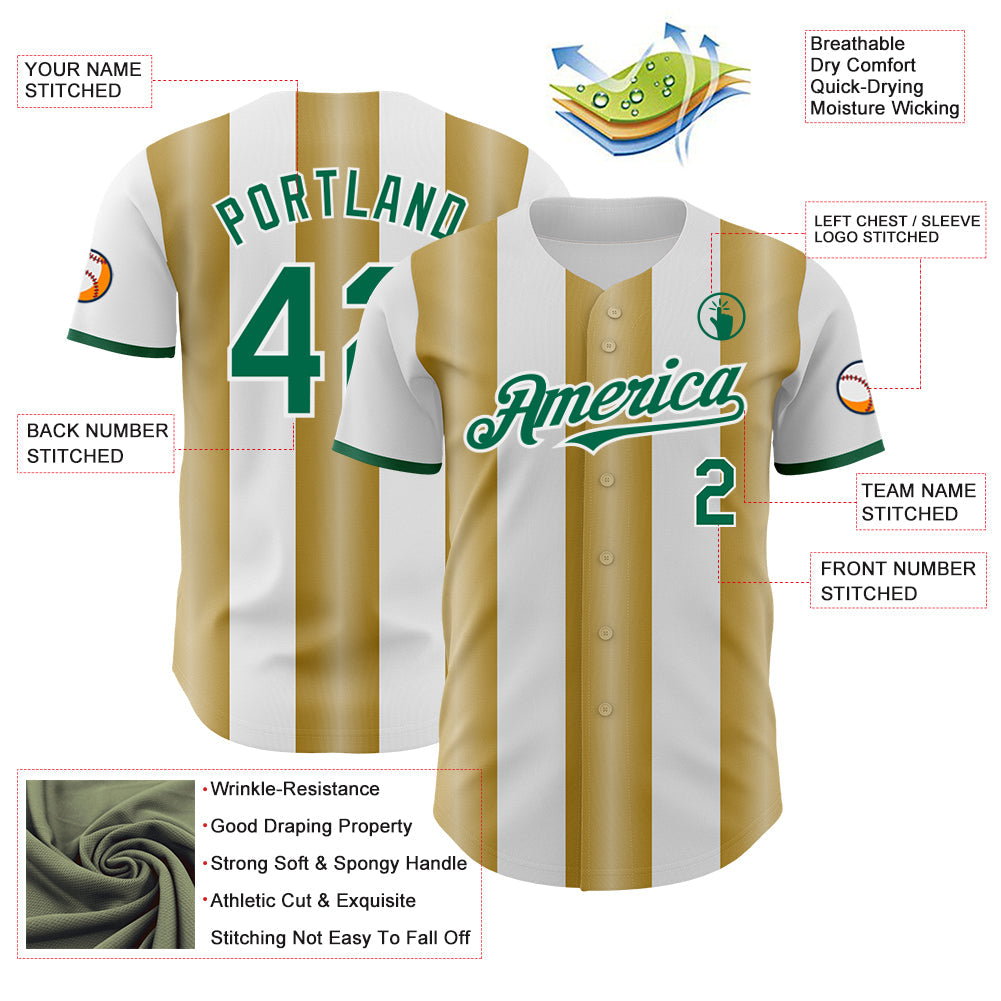 Custom White Kelly Green-Old Gold Gradient Vertical Stripe Argentina Style Authentic Baseball Jersey view 3