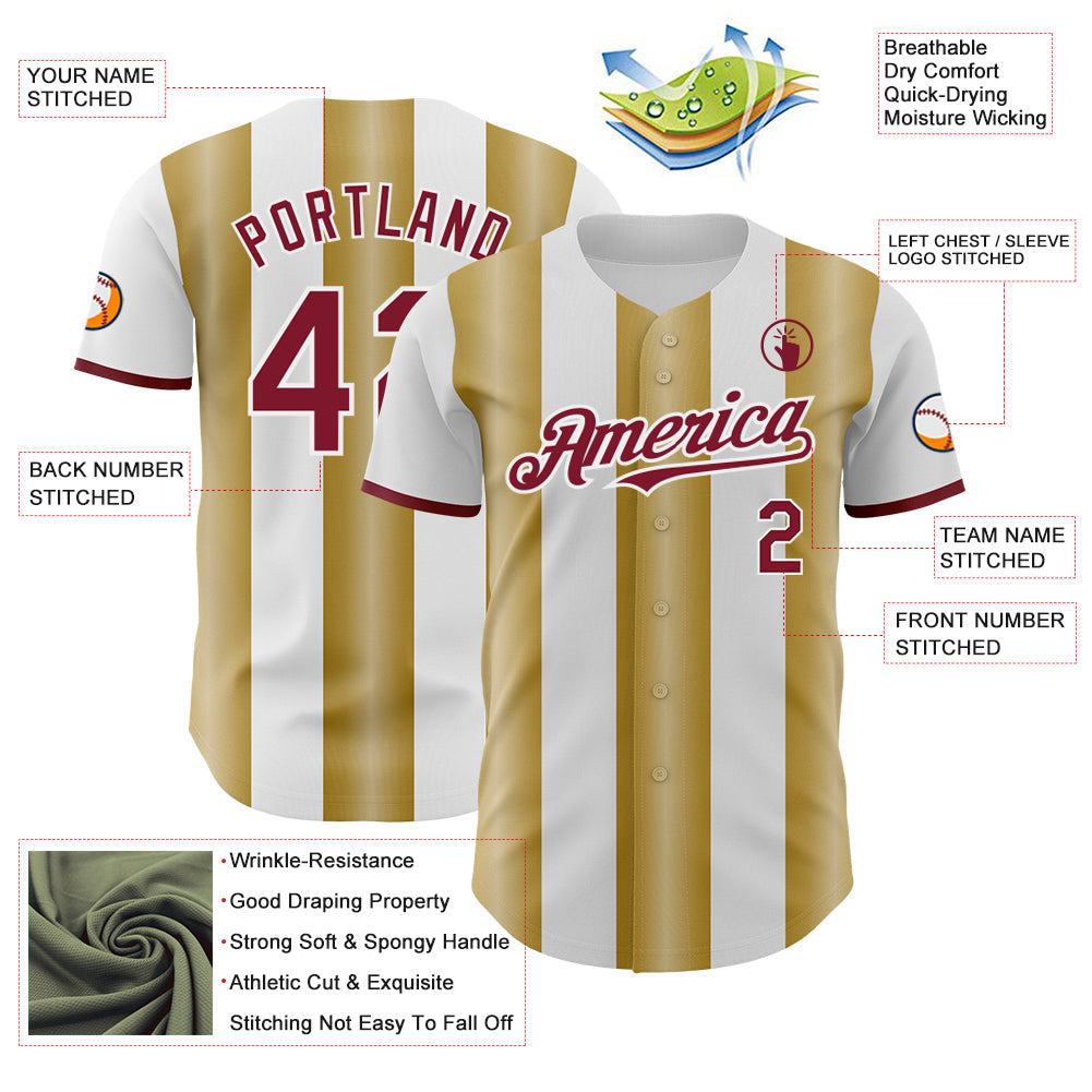 Custom White Crimson-Old Gold Gradient Vertical Stripe Argentina Style Authentic Baseball Jersey view 3