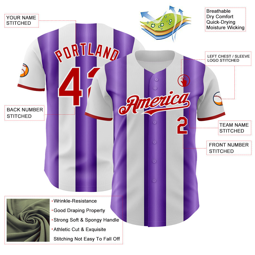 Custom White Red-Purple Gradient Vertical Stripe Argentina Style Authentic Baseball Jersey view 3