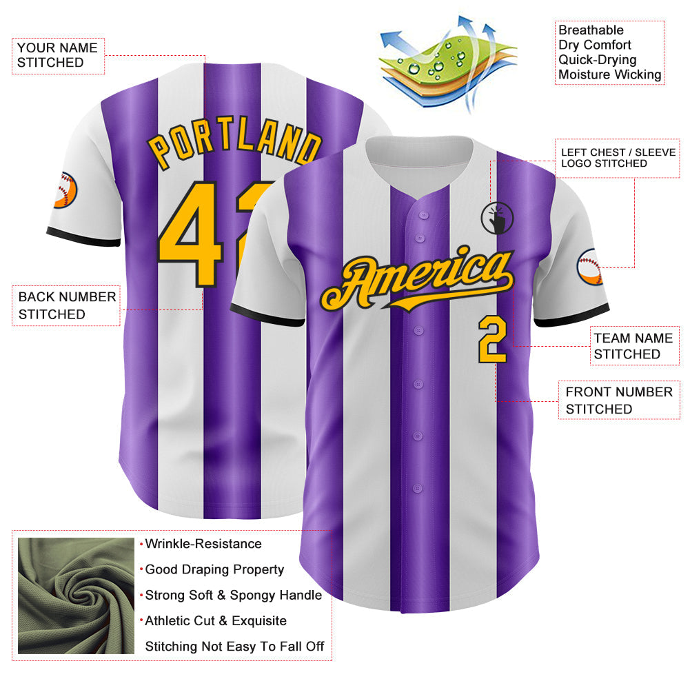 Custom White Gold Purple-Black Gradient Vertical Stripe Argentina Style Authentic Baseball Jersey view 3