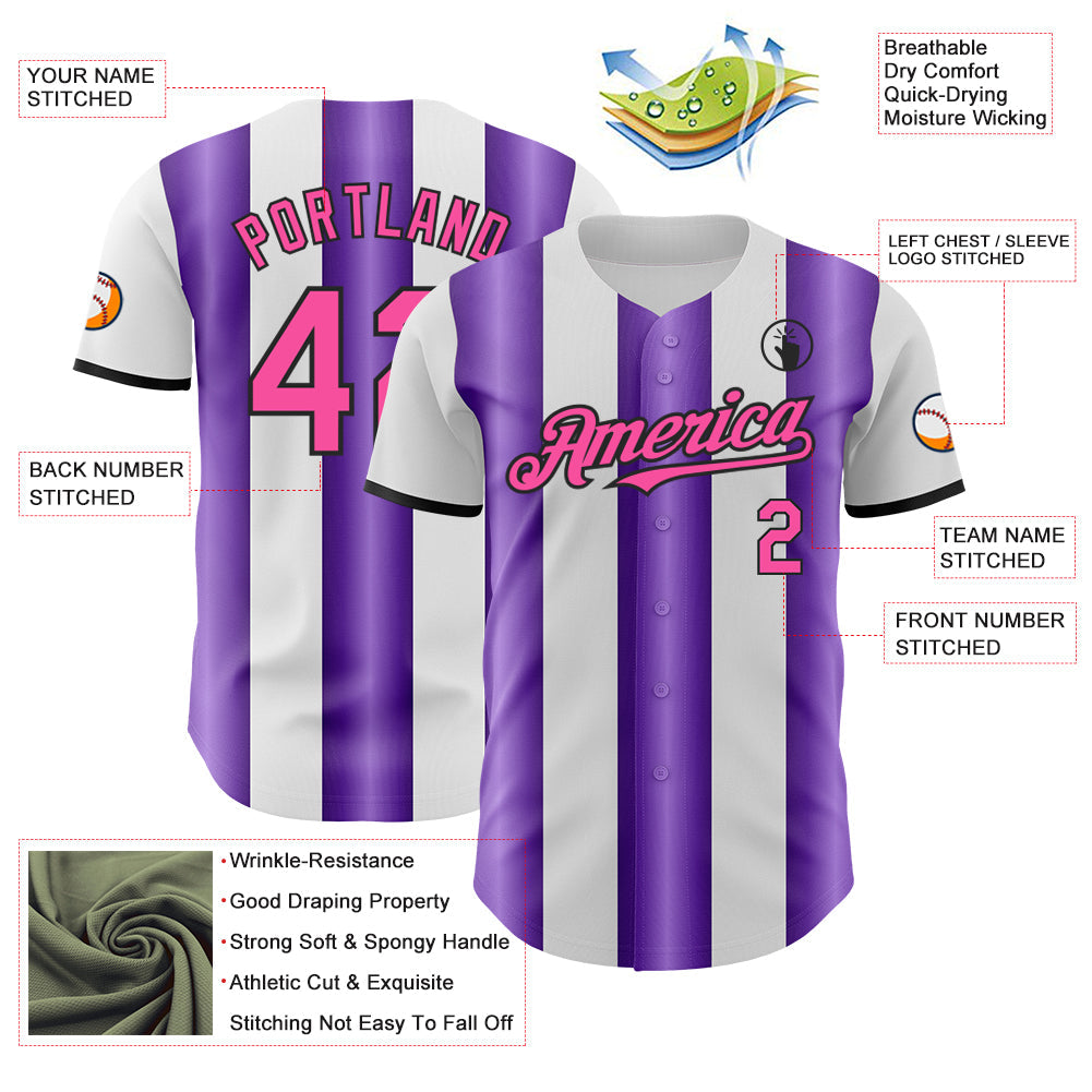 Custom White Pink Purple-Black Gradient Vertical Stripe Argentina Style Authentic Baseball Jersey view 3