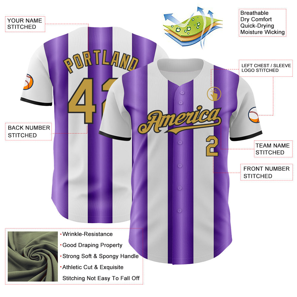 Custom White Old Gold Purple-Black Gradient Vertical Stripe Argentina Style Authentic Baseball Jersey view 3