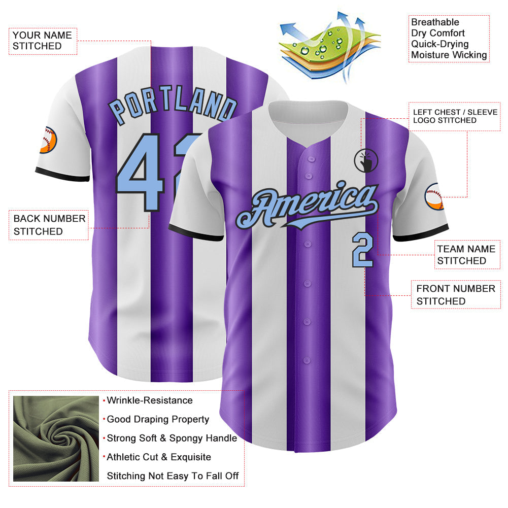 Custom White Light Blue Purple-Black Gradient Vertical Stripe Argentina Style Authentic Baseball Jersey view 3