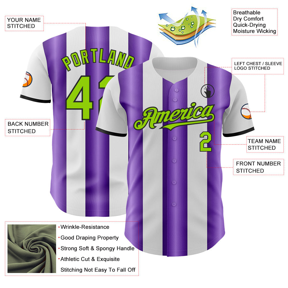 Custom White Neon Green Purple-Black Gradient Vertical Stripe Argentina Style Authentic Baseball Jersey view 3