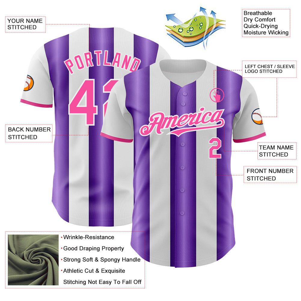 Custom White Pink-Purple Gradient Vertical Stripe Argentina Style Authentic Baseball Jersey view 3