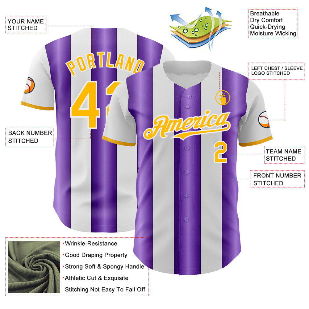 Custom White Gold-Purple Gradient Vertical Stripe Argentina Style Authentic Baseball Jersey view 3