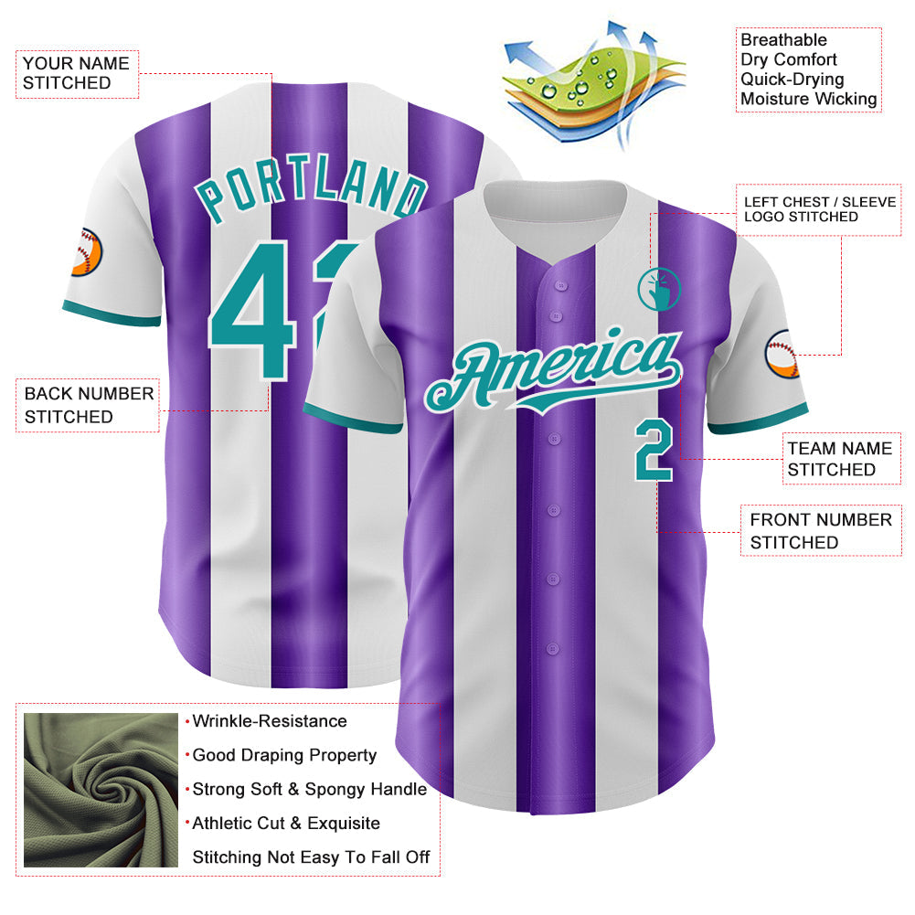 Custom White Teal-Purple Gradient Vertical Stripe Argentina Style Authentic Baseball Jersey view 3