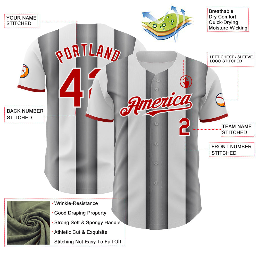 Custom White Red-Steel Gray Gradient Vertical Stripe Argentina Style Authentic Baseball Jersey view 3
