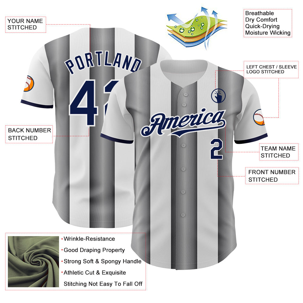 Custom White Navy-Steel Gray Gradient Vertical Stripe Argentina Style Authentic Baseball Jersey view 3