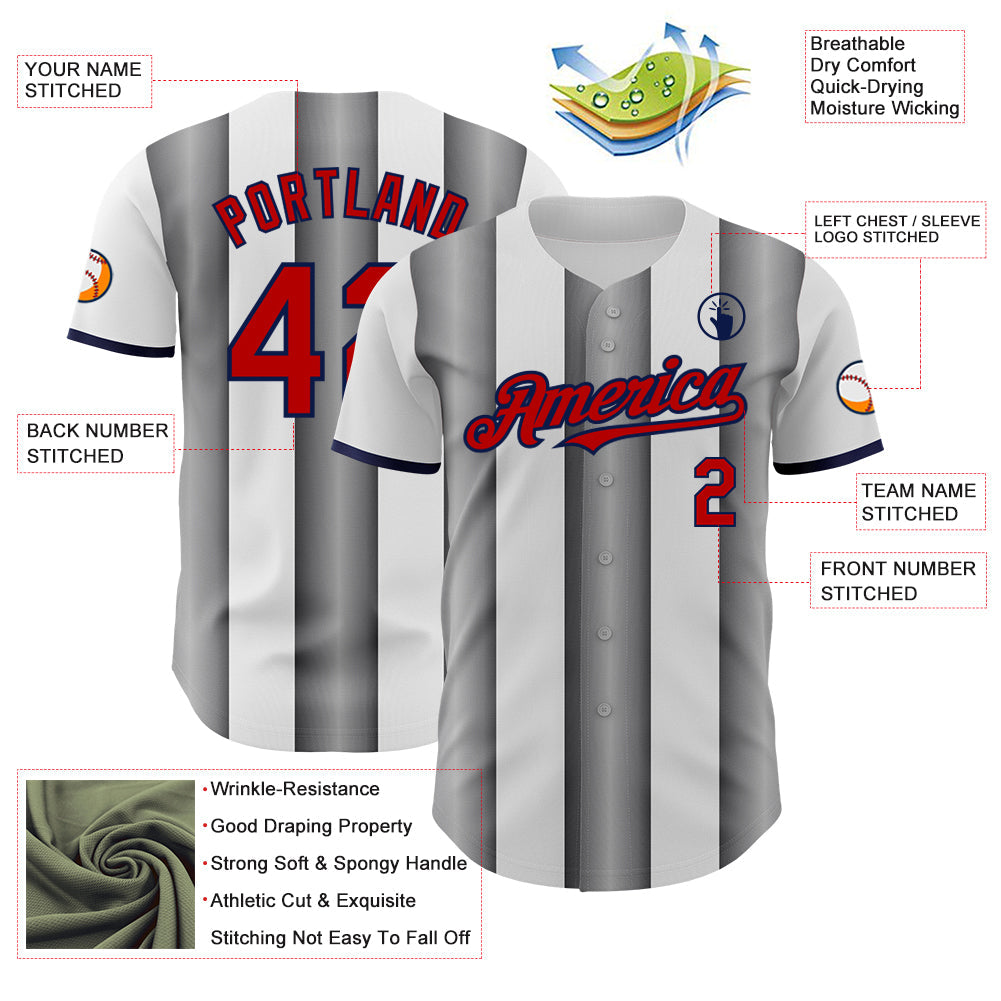 Custom White Red Steel Gray-Navy Gradient Vertical Stripe Argentina Style Authentic Baseball Jersey view 3