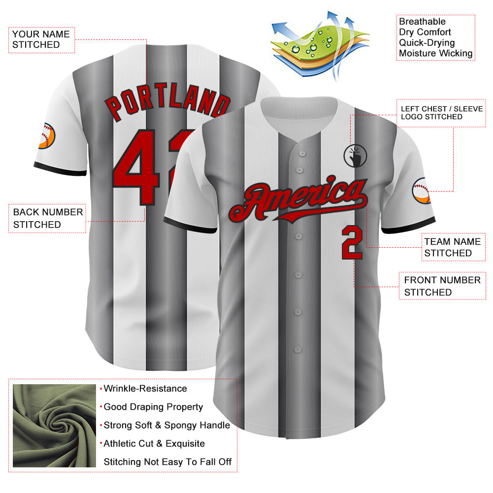 Custom White Red Steel Gray-Black Gradient Vertical Stripe Argentina Style Authentic Baseball Jersey view 3