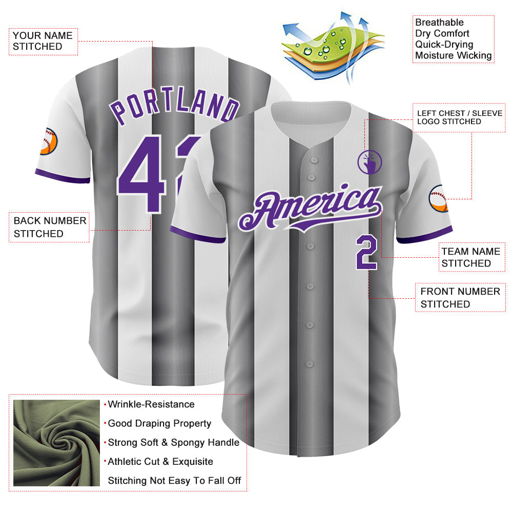 Custom White Purple-Steel Gray Gradient Vertical Stripe Argentina Style Authentic Baseball Jersey view 3