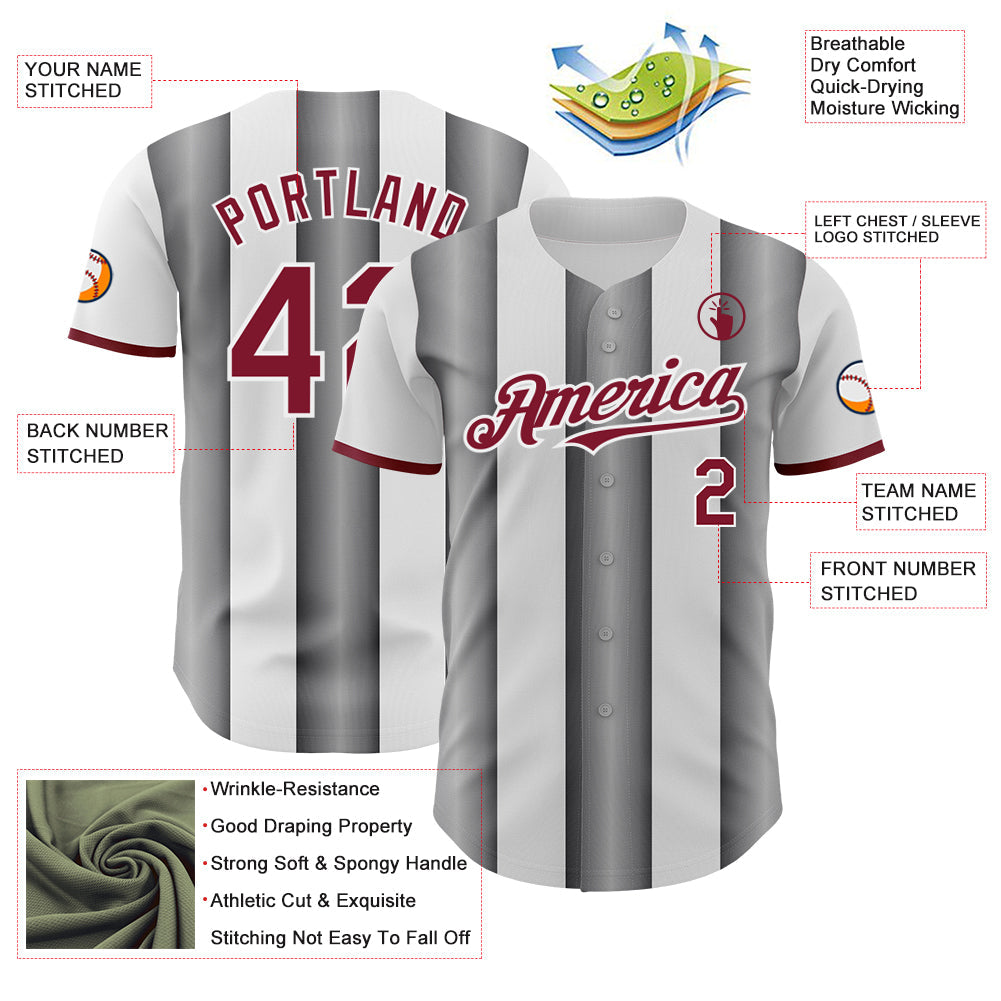 Custom White Crimson-Steel Gray Gradient Vertical Stripe Argentina Style Authentic Baseball Jersey view 3