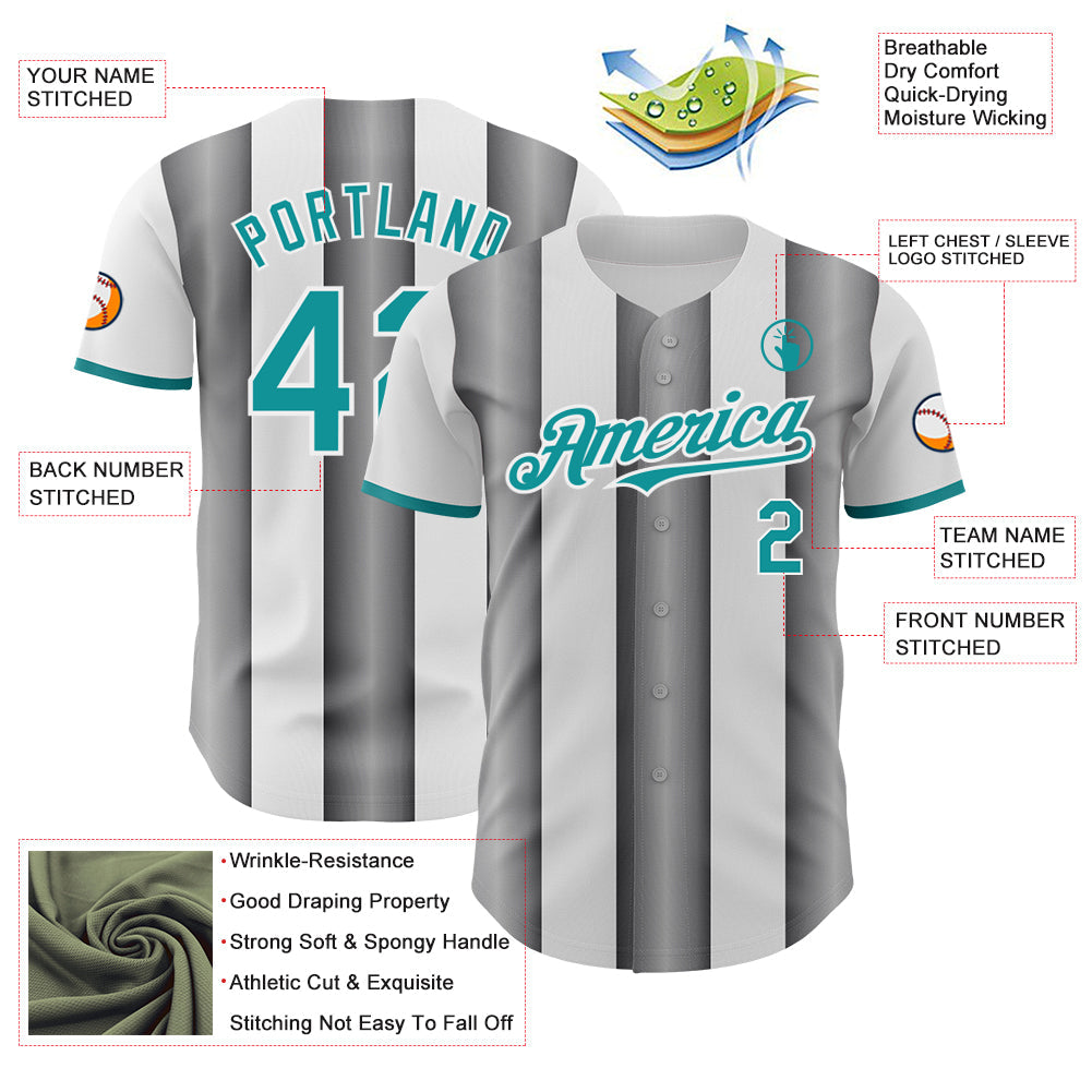Custom White Teal-Steel Gray Gradient Vertical Stripe Argentina Style Authentic Baseball Jersey view 3