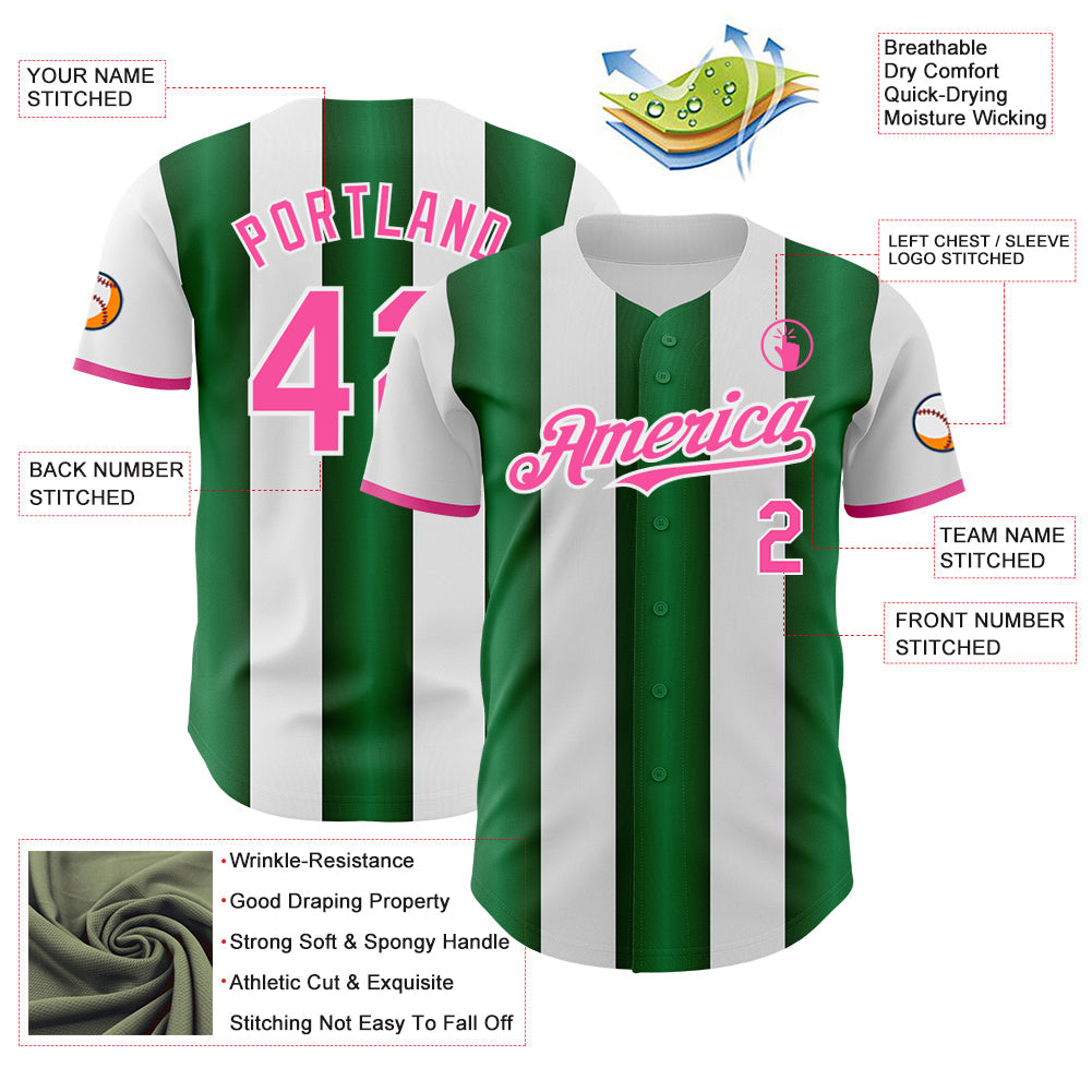 Custom White Pink-Green Gradient Vertical Stripe Argentina Style Authentic Baseball Jersey view 3