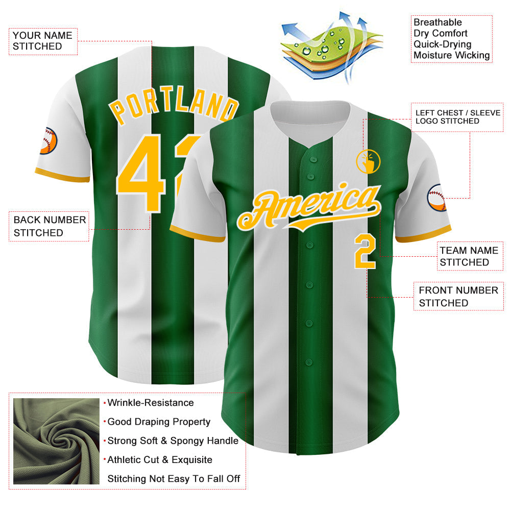 Custom White Gold-Green Gradient Vertical Stripe Argentina Style Authentic Baseball Jersey view 3