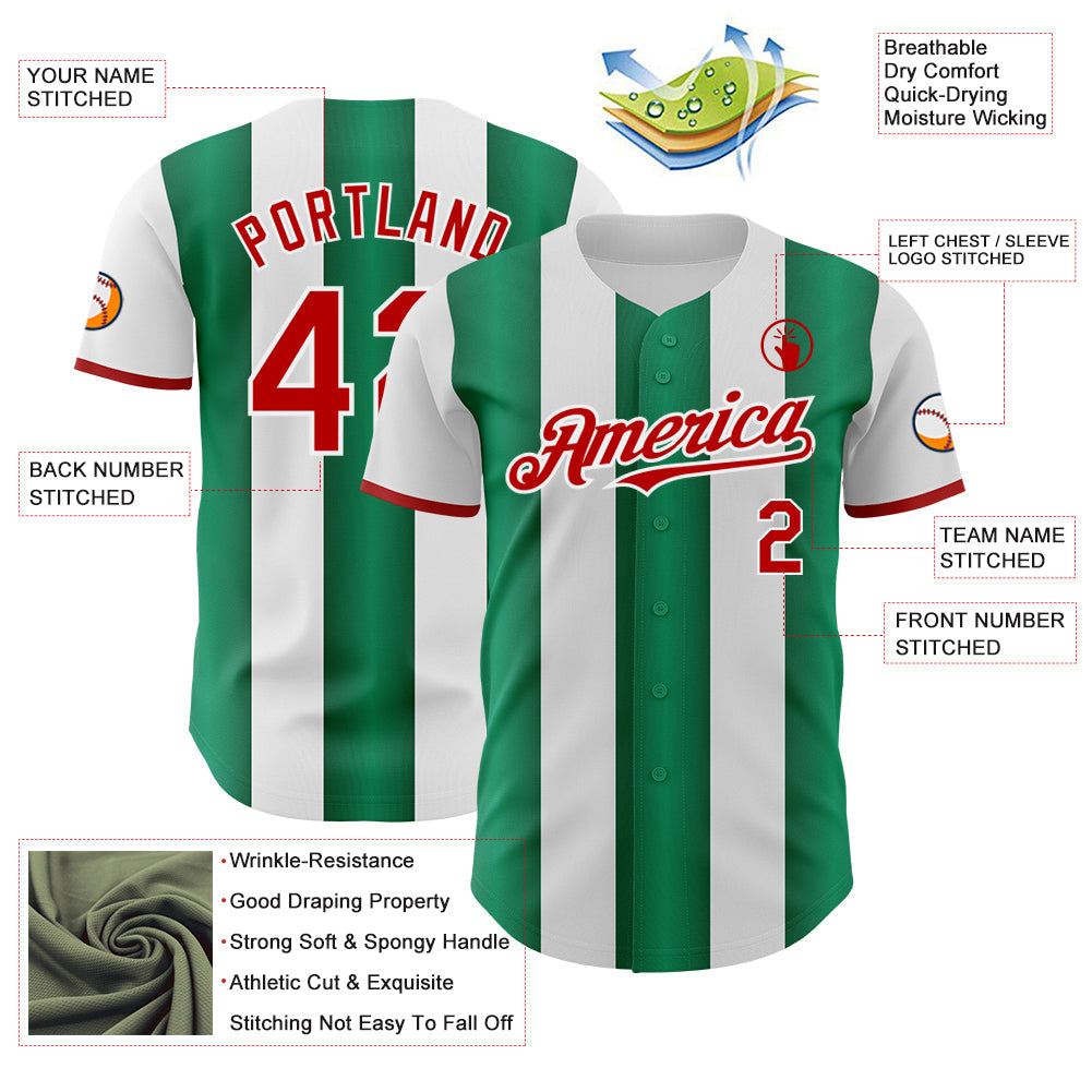 Custom White Red-Kelly Green Gradient Vertical Stripe Argentina Style Authentic Baseball Jersey view 3