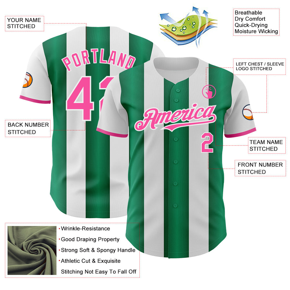Custom White Pink-Kelly Green Gradient Vertical Stripe Argentina Style Authentic Baseball Jersey view 3