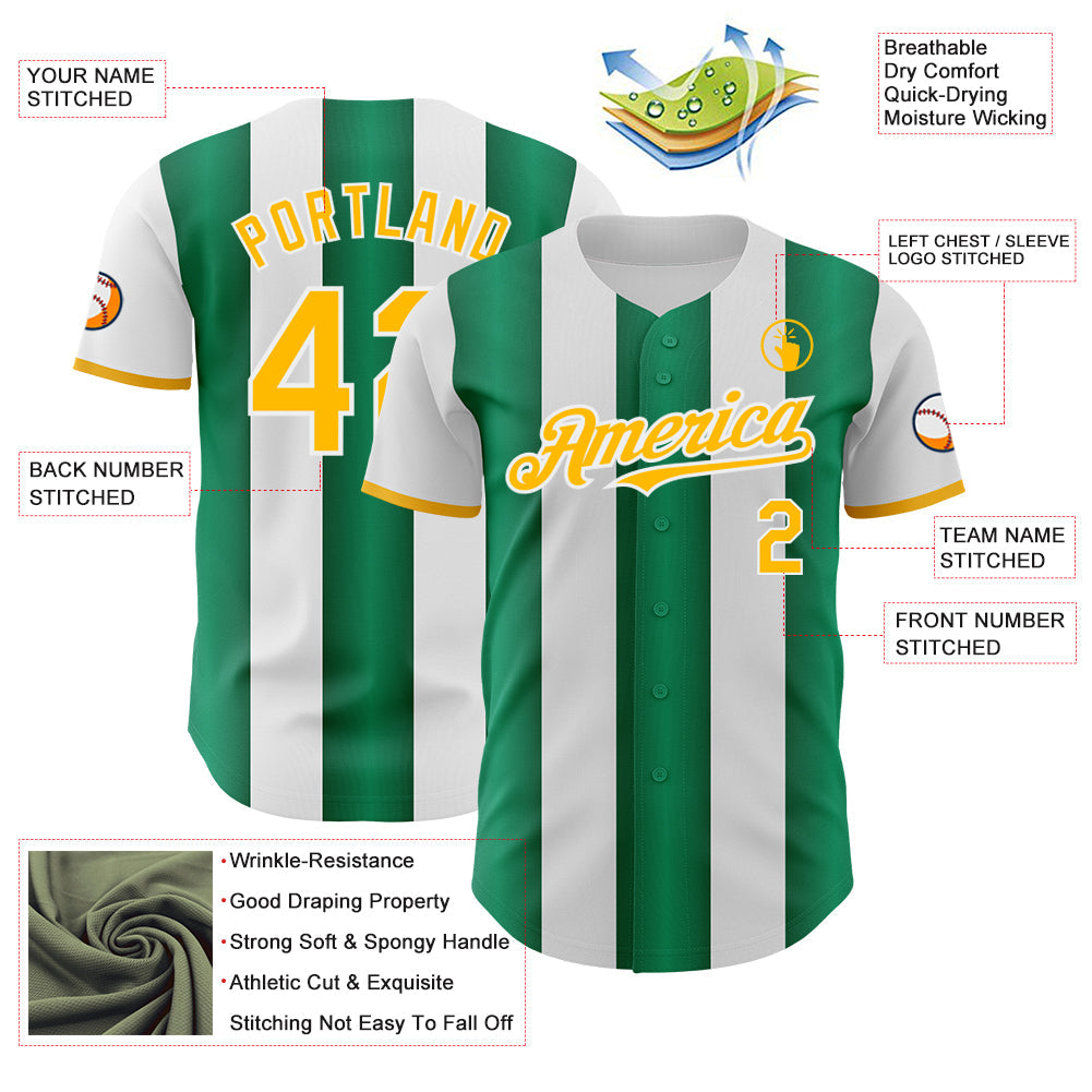 Custom White Gold-Kelly Green Gradient Vertical Stripe Argentina Style Authentic Baseball Jersey view 3