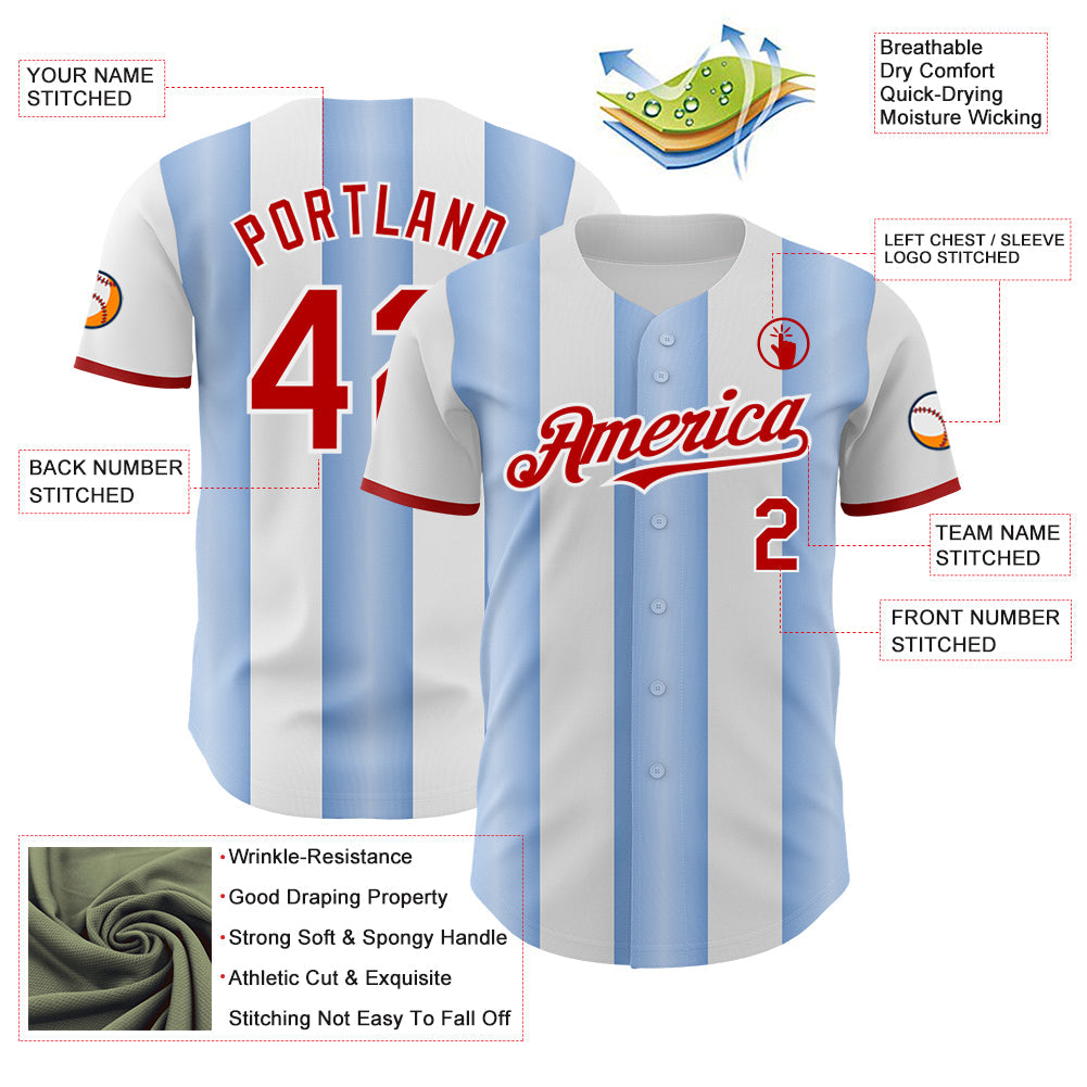Custom White Red-Light Blue Gradient Vertical Stripe Argentina Style Authentic Baseball Jersey view 3