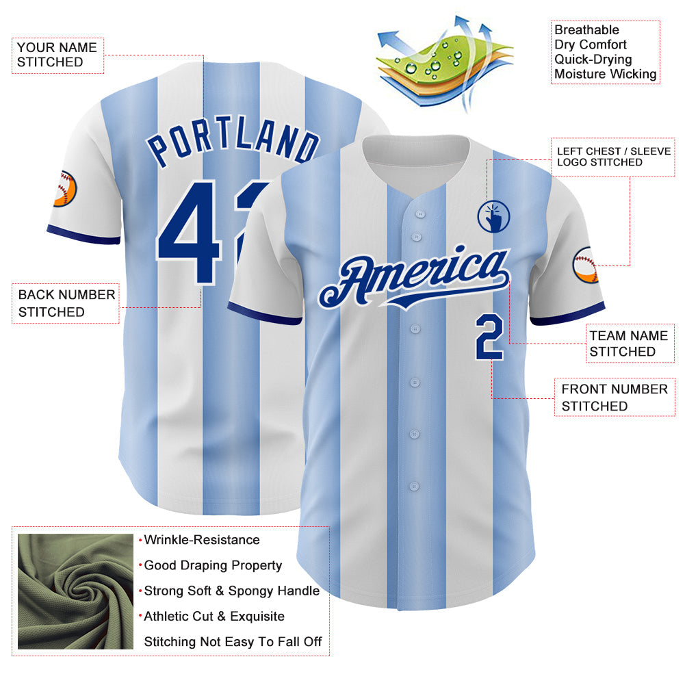 Custom White Royal-Light Blue Gradient Vertical Stripe Argentina Style Authentic Baseball Jersey view 3