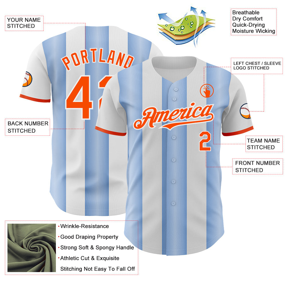 Custom White Orange-Light Blue Gradient Vertical Stripe Argentina Style Authentic Baseball Jersey view 3