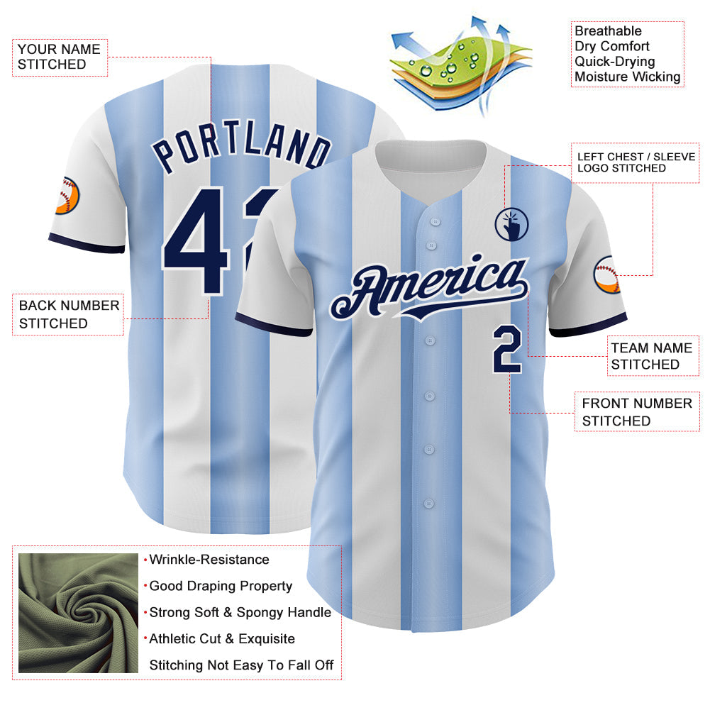 Custom White Navy-Light Blue Gradient Vertical Stripe Argentina Style Authentic Baseball Jersey view 3