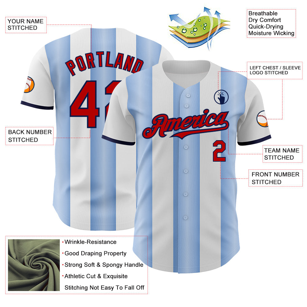 Custom White Red Light Blue-Navy Gradient Vertical Stripe Argentina Style Authentic Baseball Jersey view 3
