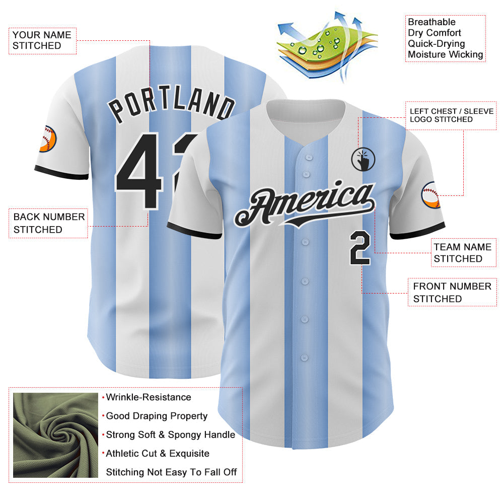 Custom White Black-Light Blue Gradient Vertical Stripe Argentina Style Authentic Baseball Jersey view 3