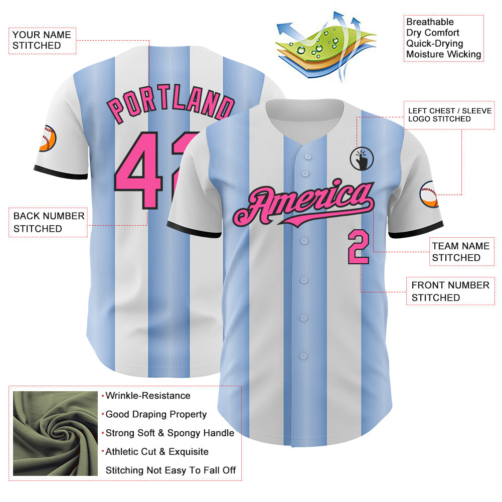 Custom White Pink Light Blue-Black Gradient Vertical Stripe Argentina Style Authentic Baseball Jersey view 3