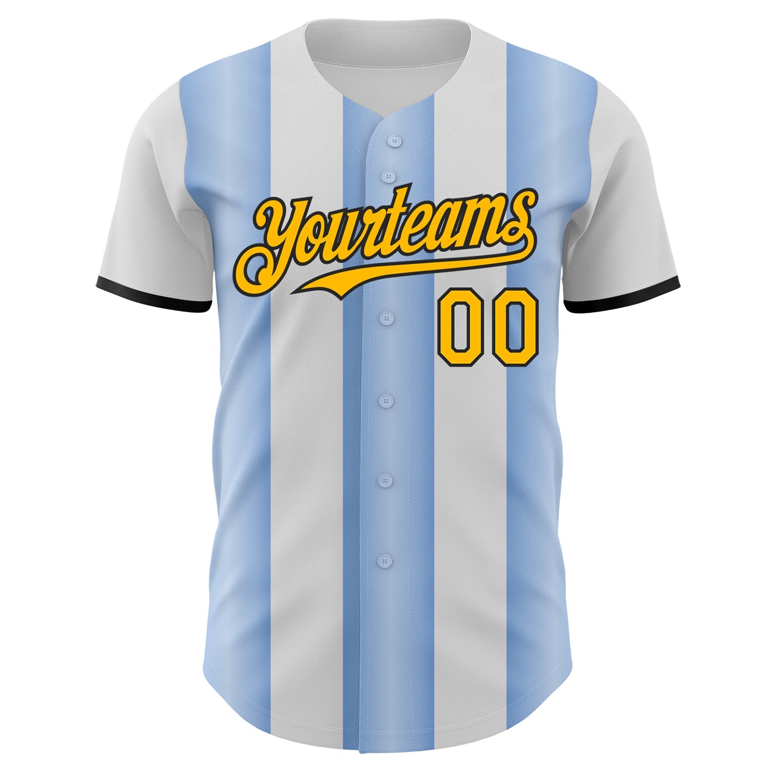 Custom White Gold Light Blue-Black Gradient Vertical Stripe Argentina Style Authentic Baseball Jersey view 2