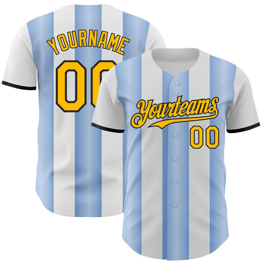 Custom White Gold Light Blue-Black Gradient Vertical Stripe Argentina Style Authentic Baseball Jersey - Main View