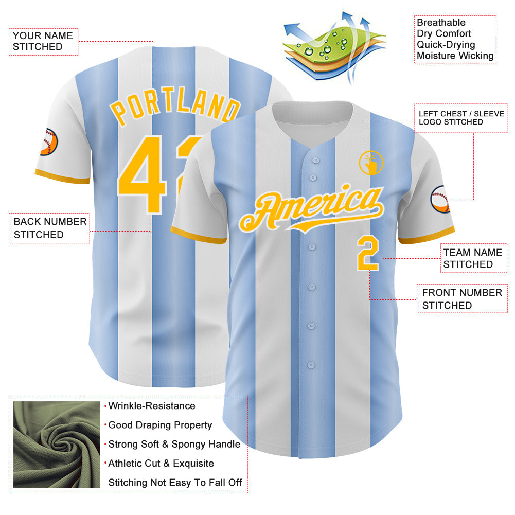 Custom White Gold-Light Blue Gradient Vertical Stripe Argentina Style Authentic Baseball Jersey view 3