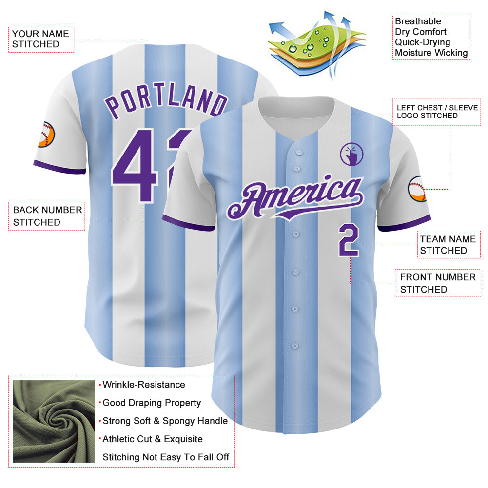Custom White Purple-Light Blue Gradient Vertical Stripe Argentina Style Authentic Baseball Jersey view 3