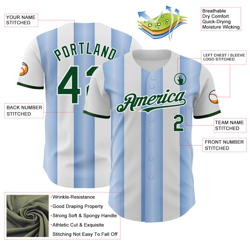 Custom White Green-Light Blue Gradient Vertical Stripe Argentina Style Authentic Baseball Jersey view 3