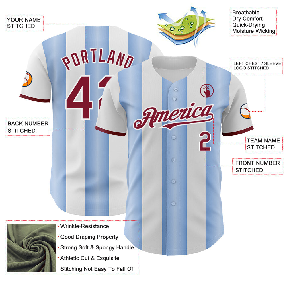 Custom White Crimson-Light Blue Gradient Vertical Stripe Argentina Style Authentic Baseball Jersey view 3