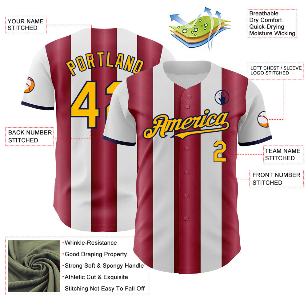 Custom White Gold Crimson-Navy Gradient Vertical Stripe Argentina Style Authentic Baseball Jersey view 3