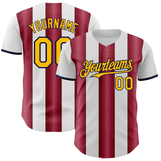 Custom White Gold Crimson-Navy Gradient Vertical Stripe Argentina Style Authentic Baseball Jersey - Main View