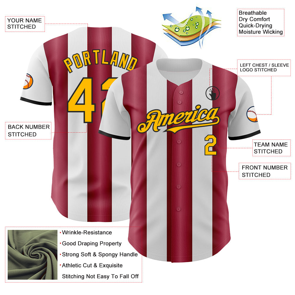 Custom White Gold Crimson-Black Gradient Vertical Stripe Argentina Style Authentic Baseball Jersey view 3