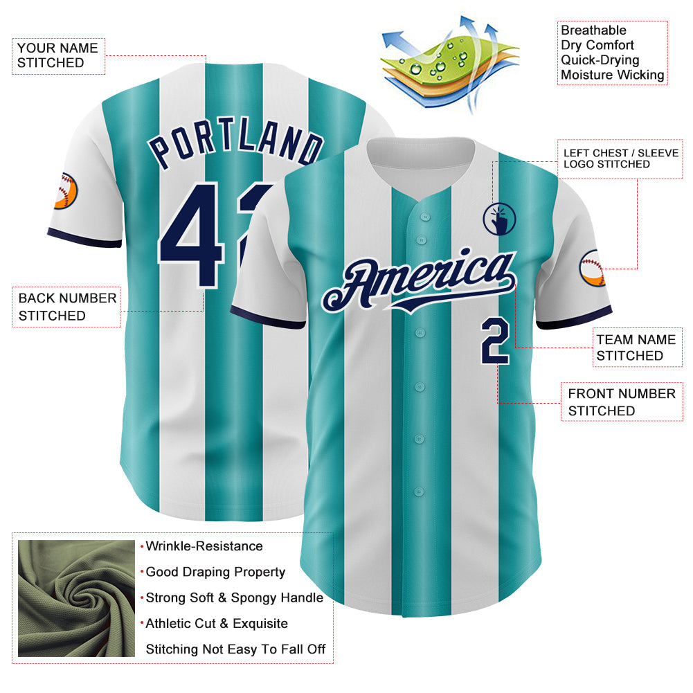 Custom White Navy-Teal Gradient Vertical Stripe Argentina Style Authentic Baseball Jersey view 3
