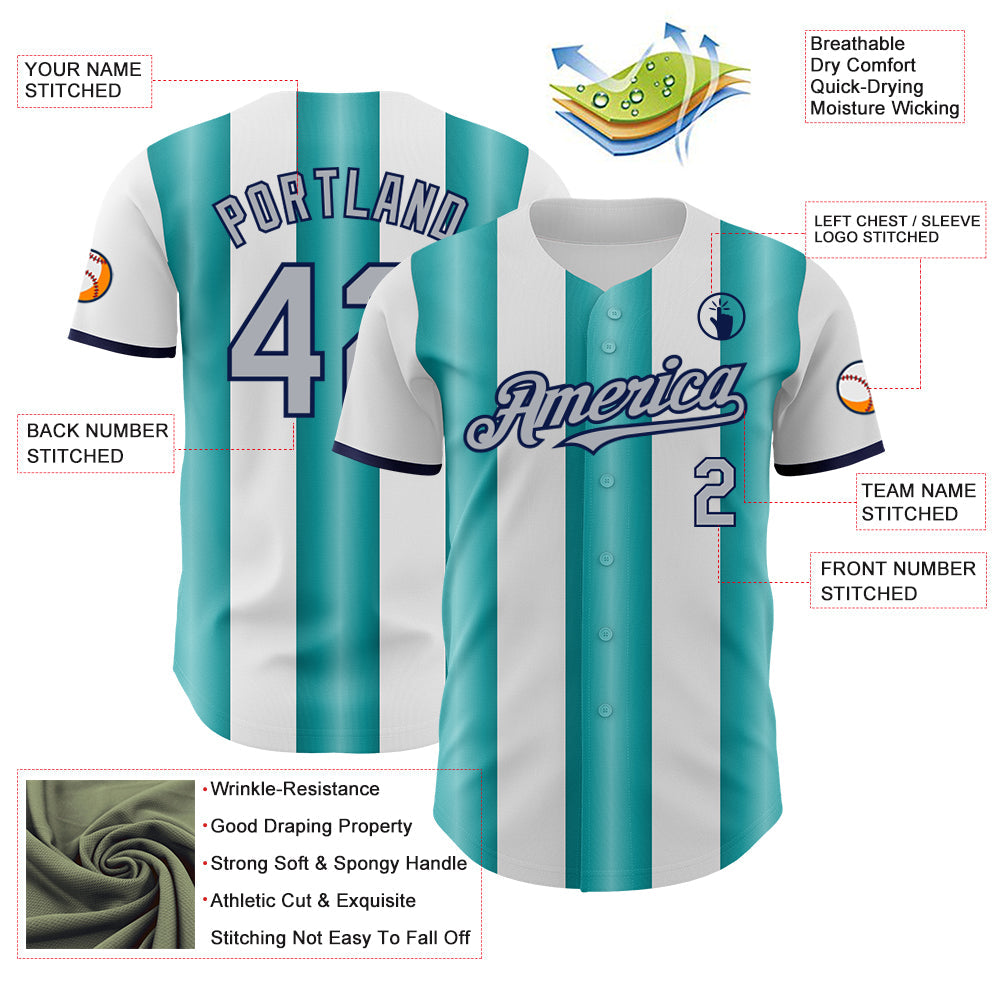 Custom White Gray Teal-Navy Gradient Vertical Stripe Argentina Style Authentic Baseball Jersey view 3