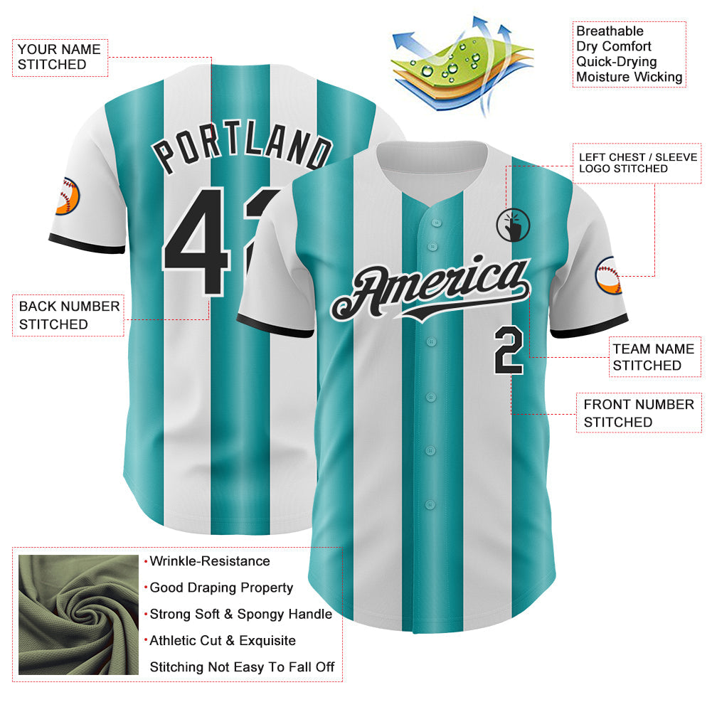Custom White Black-Teal Gradient Vertical Stripe Argentina Style Authentic Baseball Jersey view 3